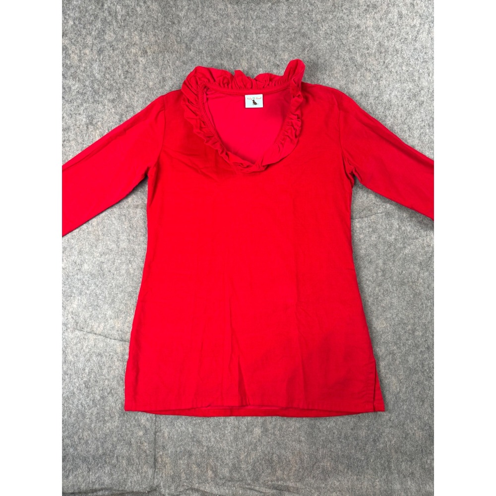 Ruby Rd Corduroy Top Women S Red Cotton Blend Ruffle Neck 3/4 Sleeve Blouse Boho